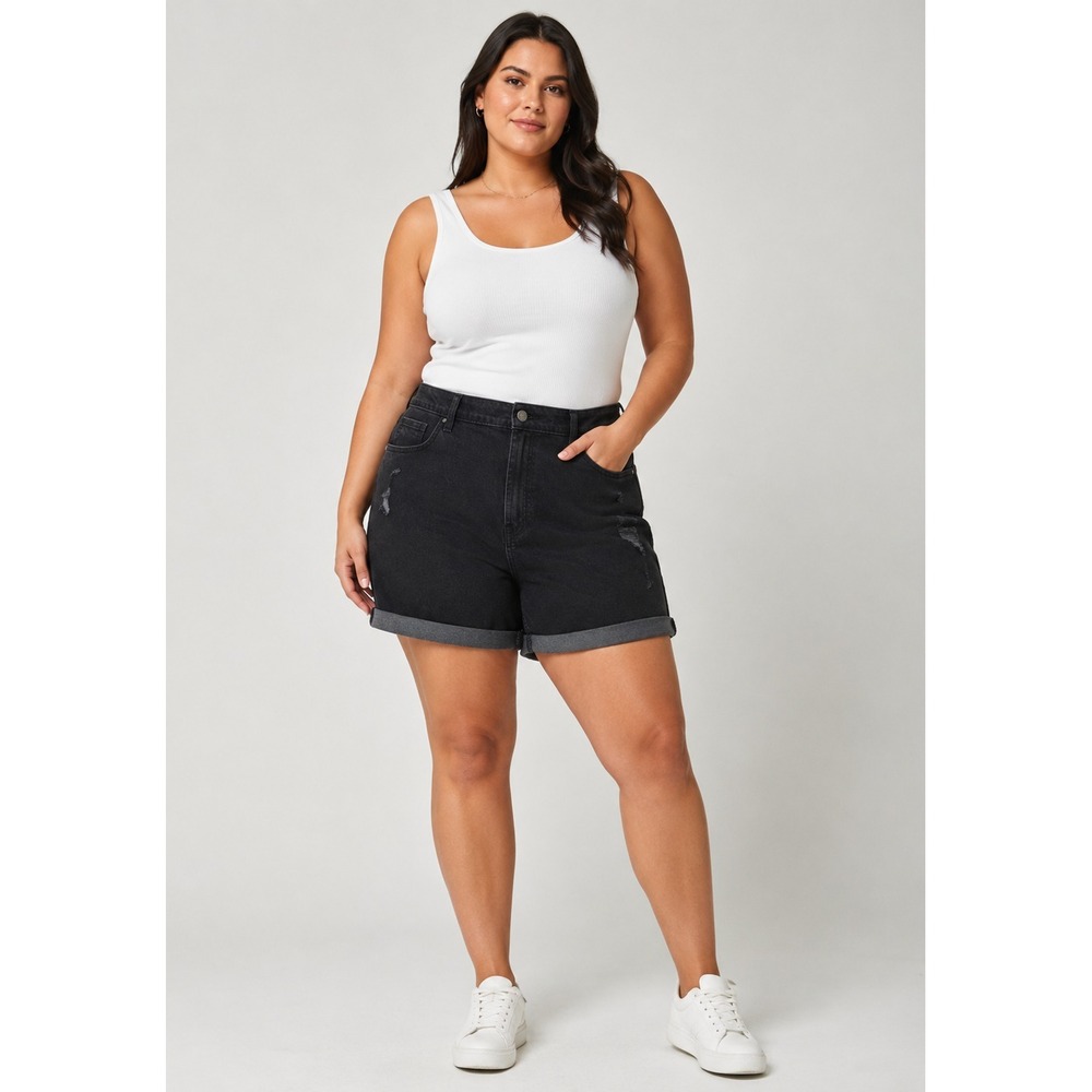 Old Navy Mid-Rise Boyfriend Denim Shorts Plus 18 Black Rolled Hem Distressed NEW